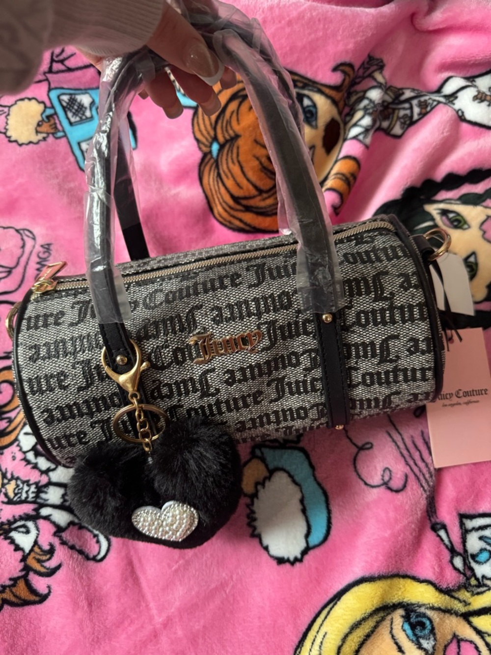 Juicy Couture Black Logo Barrel Satchel with Heart Charm